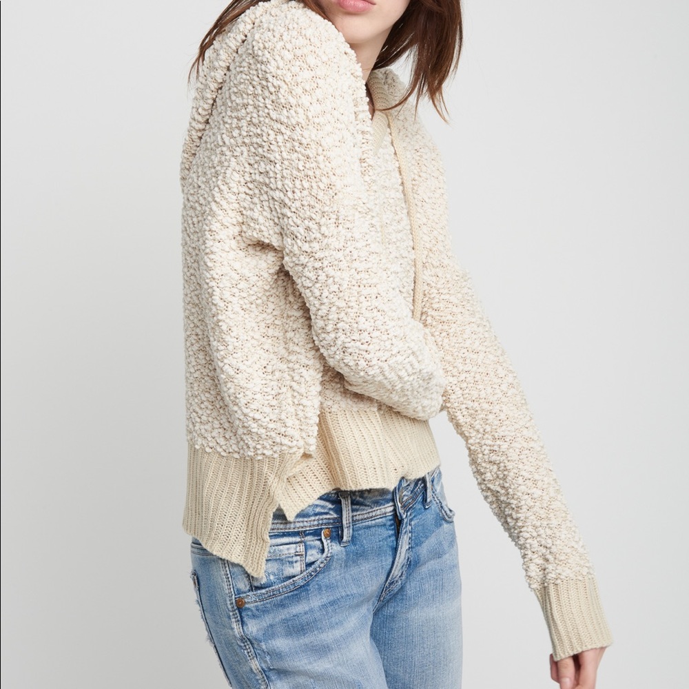 Comfy cream colored knit sweater with hood